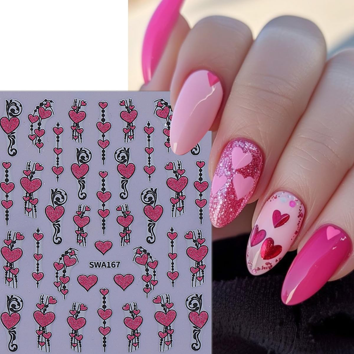 4 Sheets Valentines Nail Stickers 3D Self-Adhesive Pink Red Heart Nail Art St…