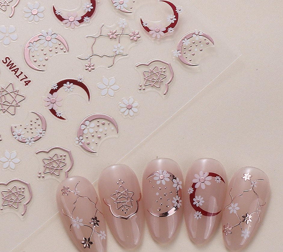 Small White Daisy Flowers Nail Art Stickers Plaid Moons Rose Gold BOHO