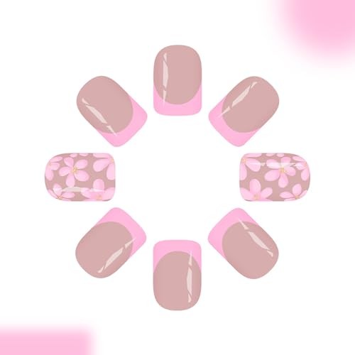 French Tip Press On Nails – Short Fake Nails Square Nude Pink – Flowers3