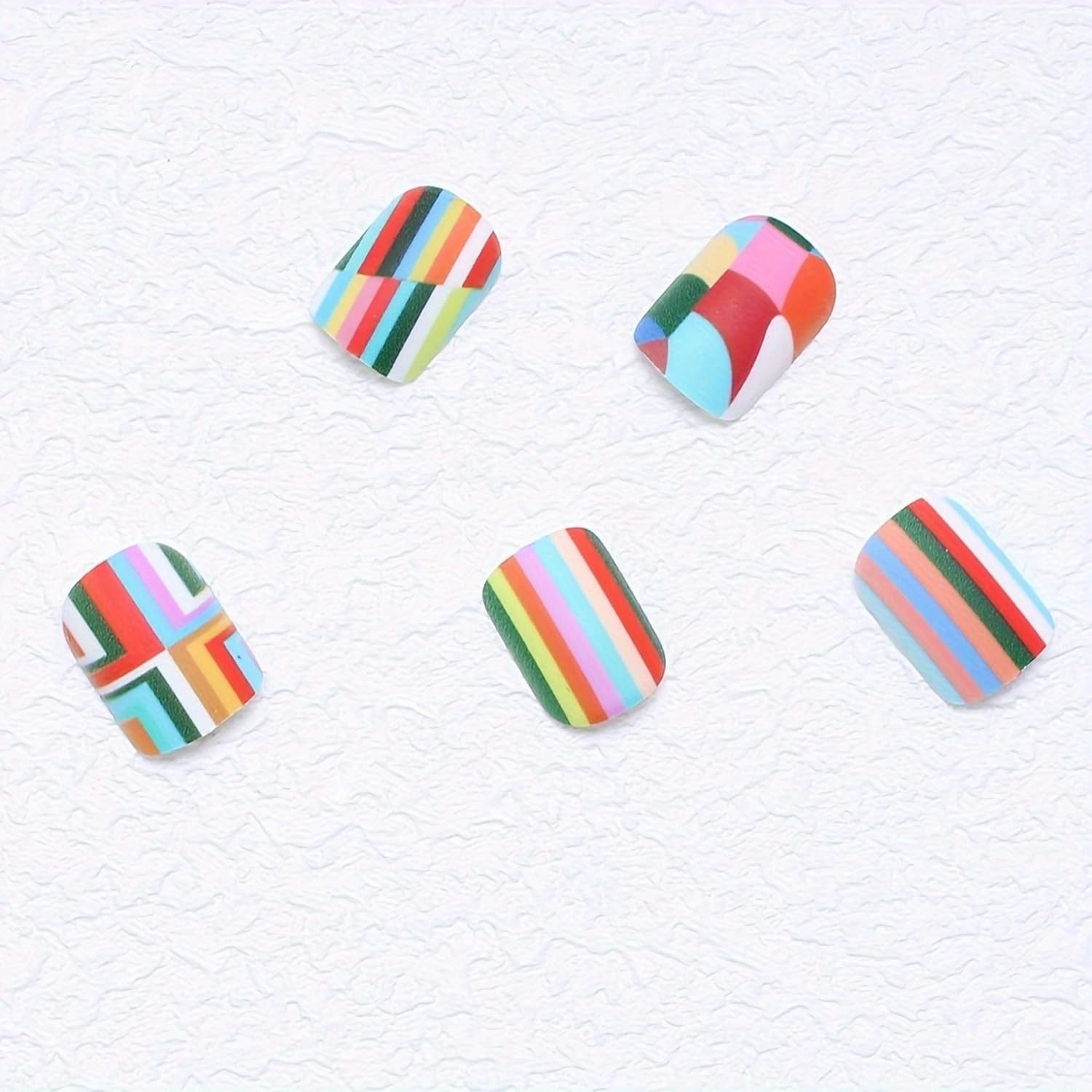 24 Pcs Press on Nails Short Rainbow Fake Nails Square False Nails Style 8