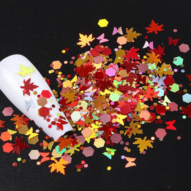 12 Grids Fall Nail Glitters 3D Gold Maple Leaf Nail Sequins with Glitter Gold