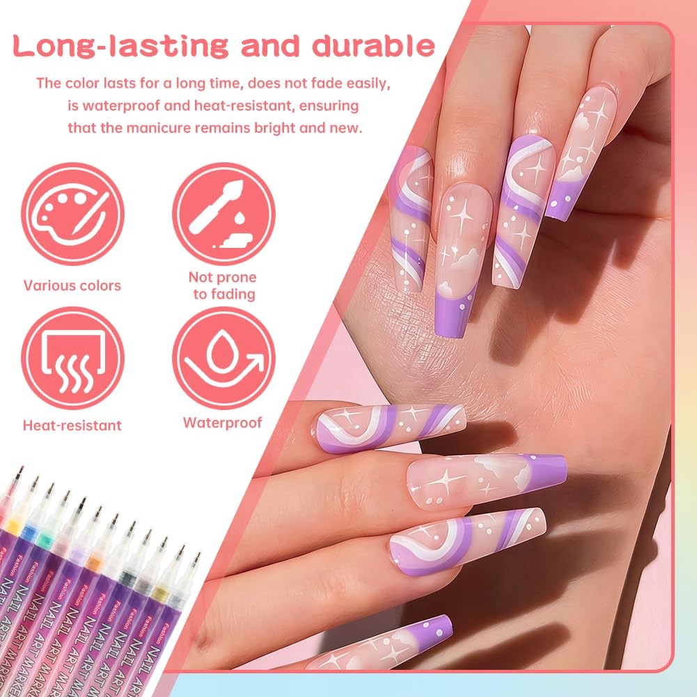12 Colors Nail Art Pens Set Fine Tip Nail Polish Pen Markers 0.5mm Quick Dry …