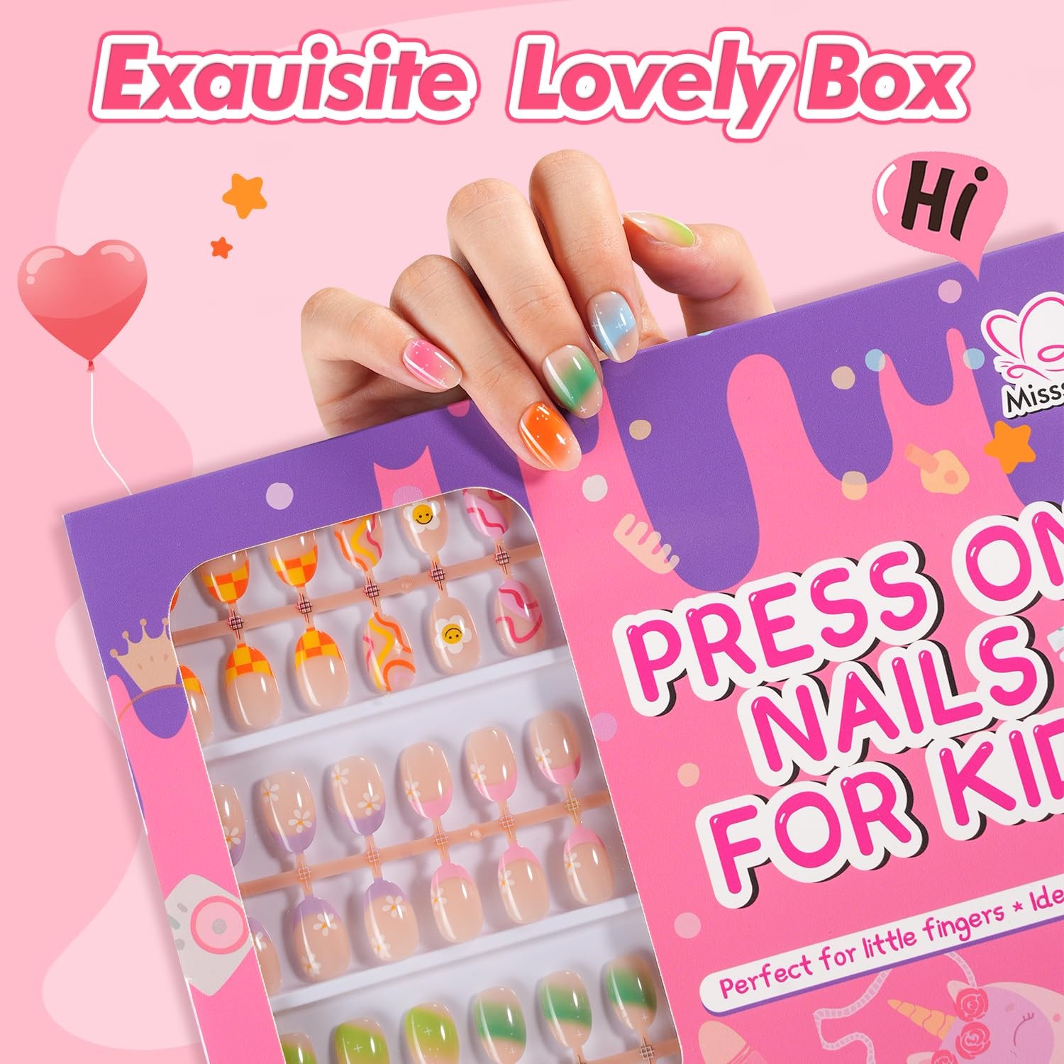 Misssix 78 Pcs Press on Nails for Kids, 3 Pack Kid Fake Nail Kit Cute Press on N