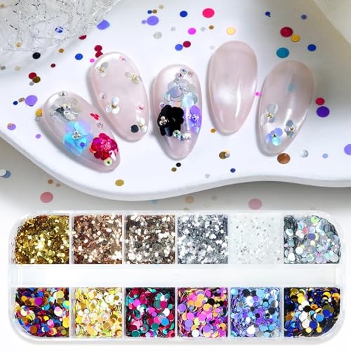 12 Grids Polka Dot Round Sequins Mixed with Colorful Nail Art colorful -9