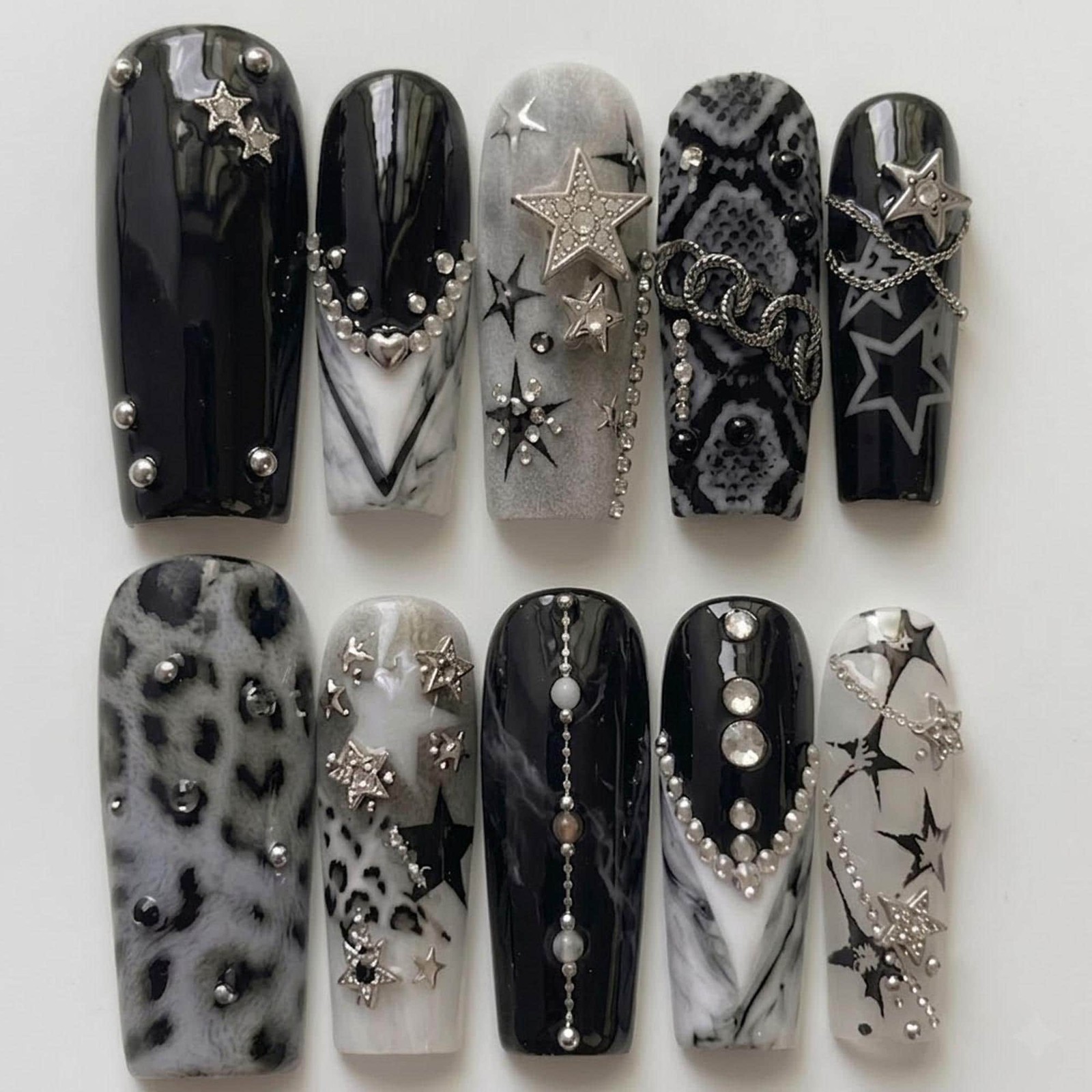 Handmade Custom Y2K Black Leopard Marble Star Chain Long Square Press on Nails