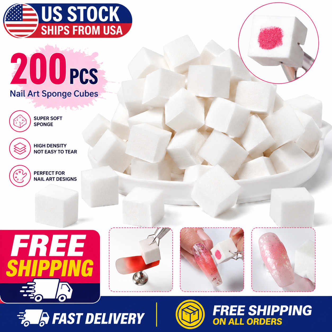 200 Pack Nail Art Sponges, Soft Sponge for DIY Ombre Nails Salon Home Use