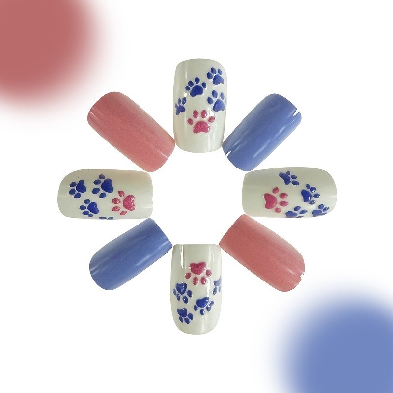 48 Pieces of Nail Gloss Finish, Cute Cat Paw Fake Nail Art in Pink and Purple