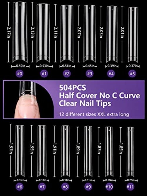 504PCS XXL Square No C Curve Nail Tips for 504Pcs clear half cover square