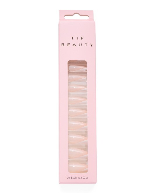 TIP BEAUTY Coffin Nude White Stripe + Glue Nail Set 24 Count NIB