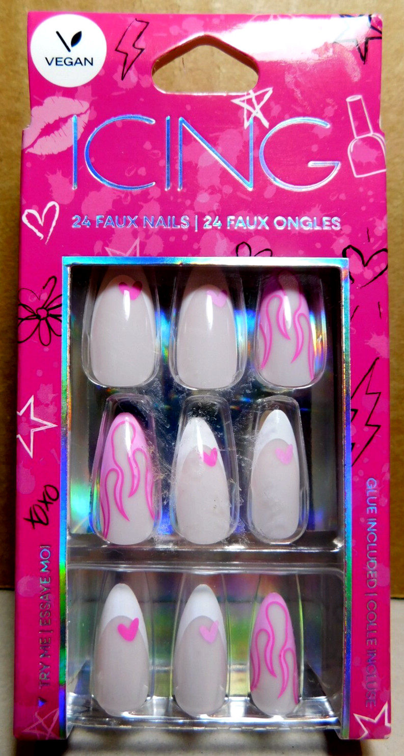 CBI Distributing Corp~Icing 24 Faux Nails Vegan BH.AN Pink & White Hearts&Flames