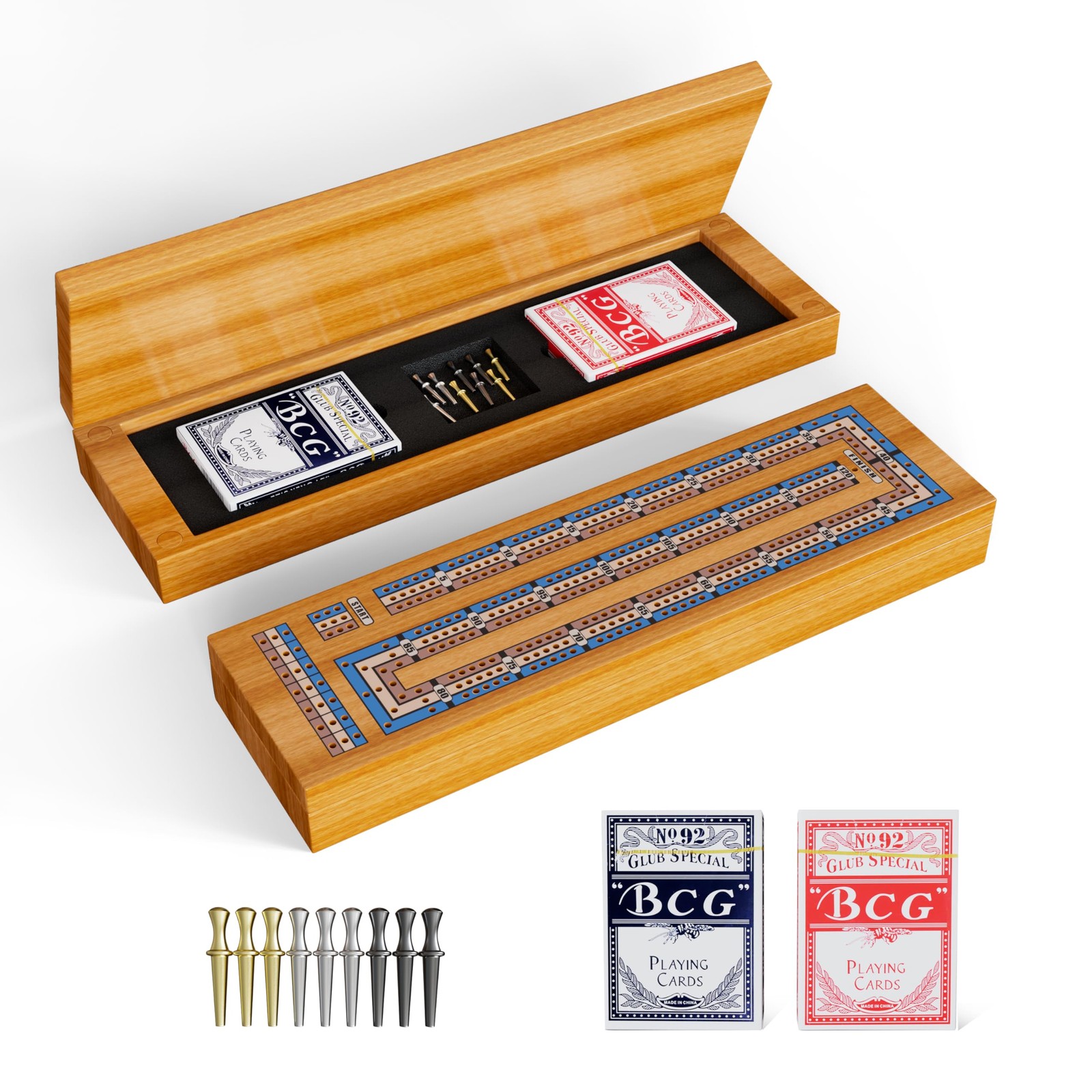 Wooden Cribbage Board Game Set – 15 inches x 2 inches, Walnut Color