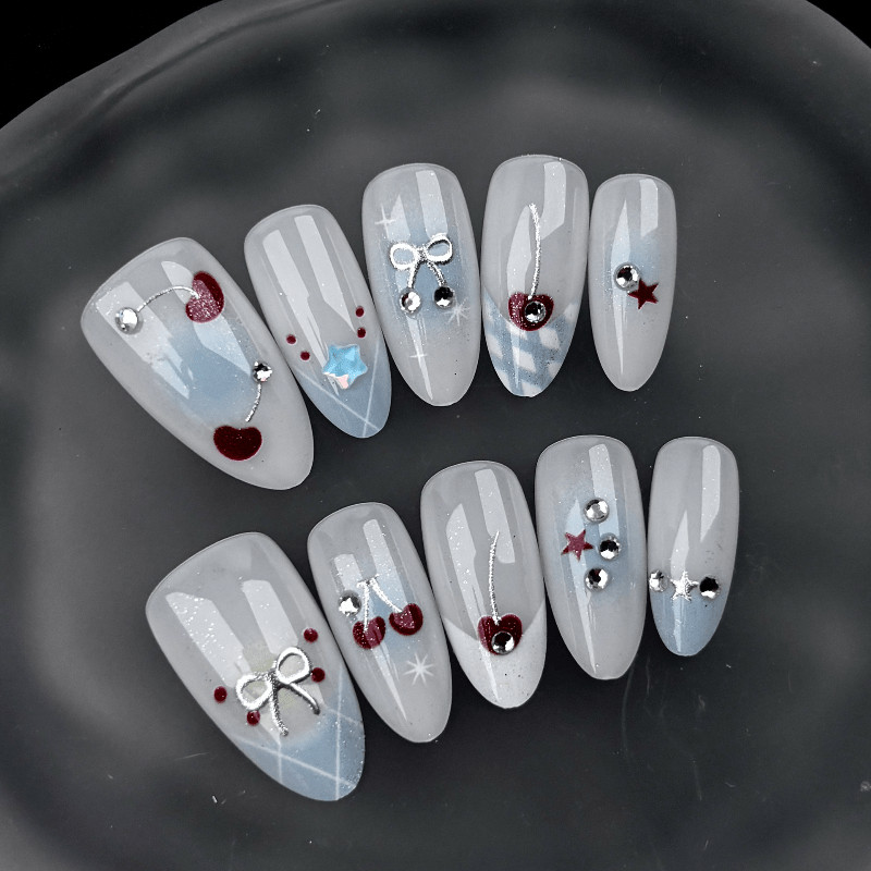 60pcs Almond Press on Nails, Baby Blue Cherry Bow Heart Sweet Gloss Nails