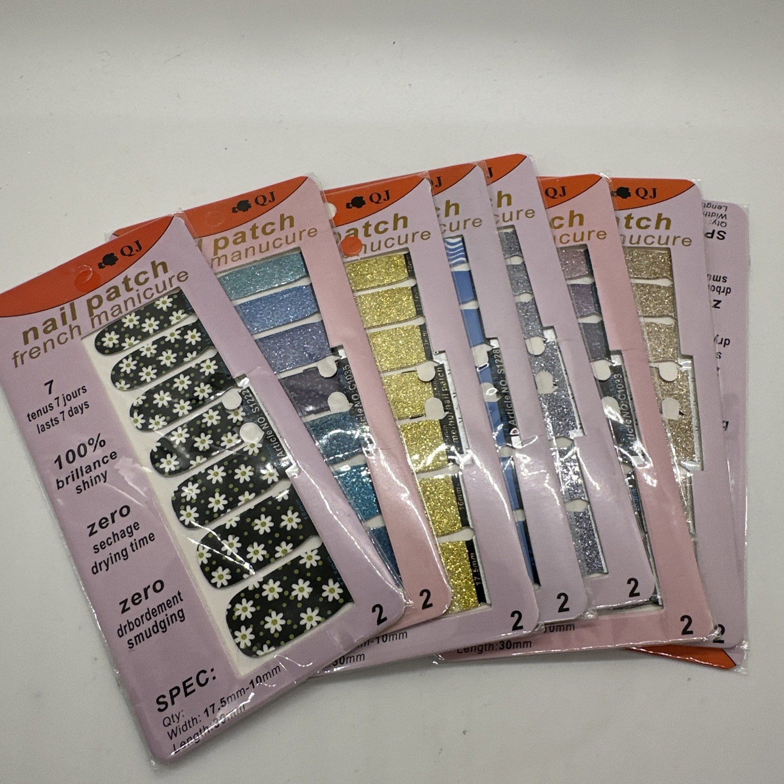 Lot Of 8 QJ Nail Patch Wrap Packs Nail Art Multicolor Glitters New 8×16 Strips