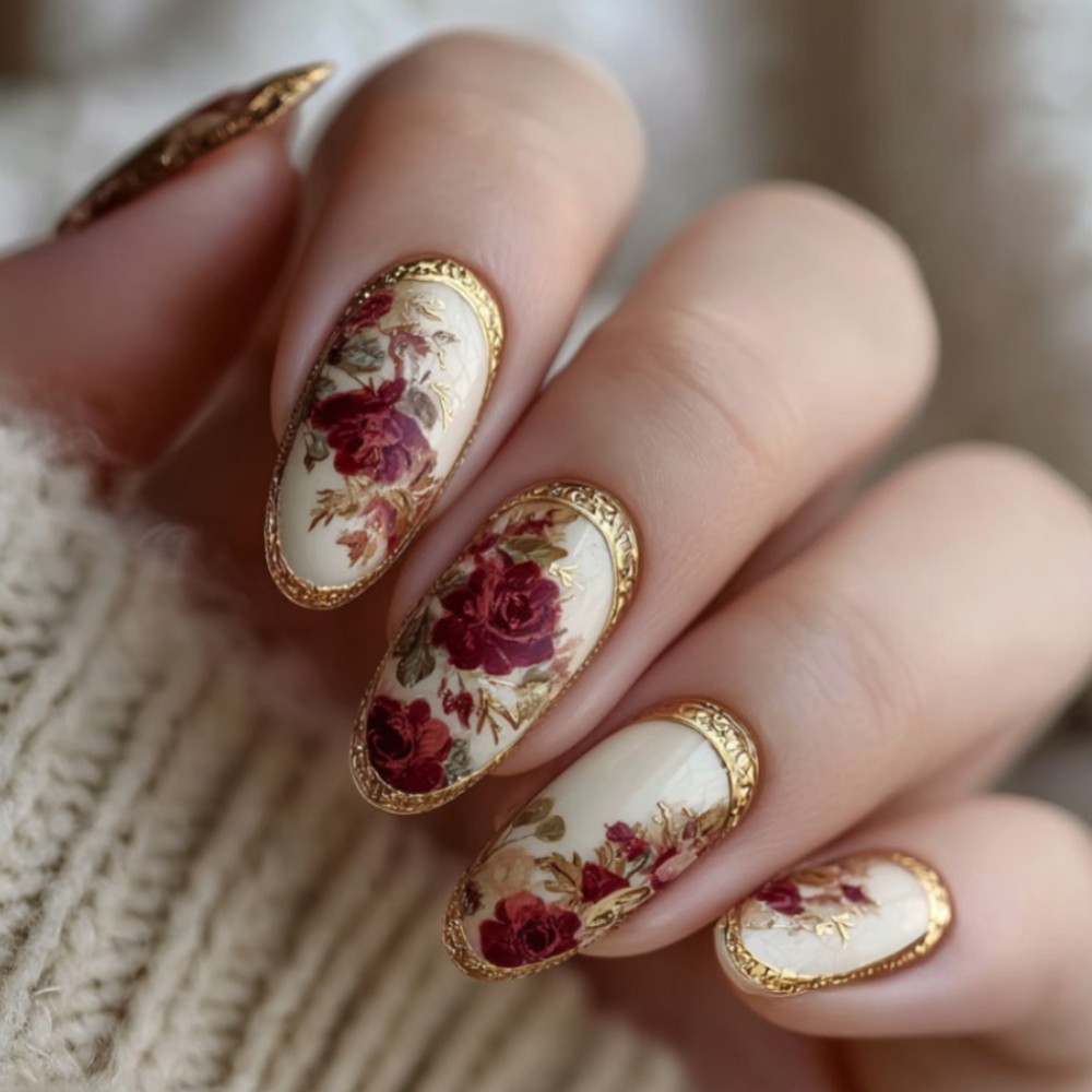 48P Short Almond Press on Nails, Vintage Red Rose Gold Trim Glossy Fake Nails