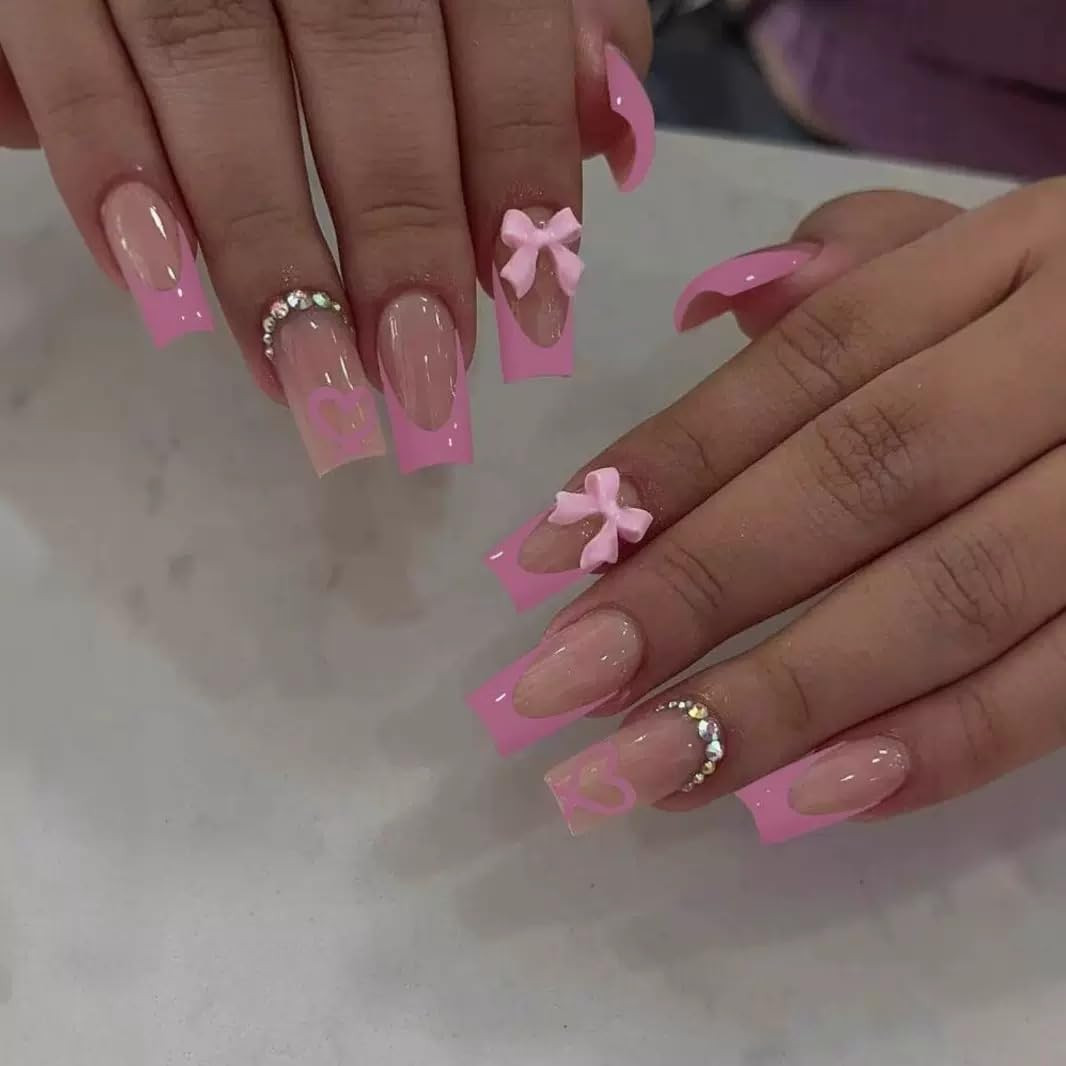 Medium Press on Nails Coffin – Black French Tip Fake Nails with Bow Charms Desig