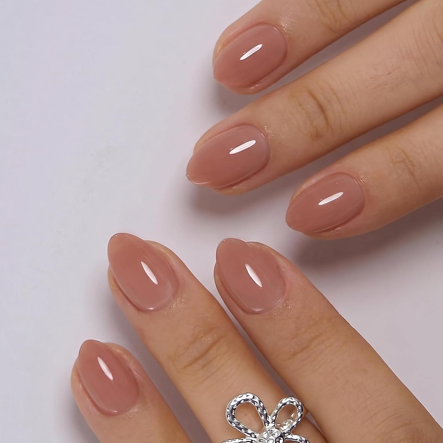 Extra Short Press on Nails – 32Pcs Soft Gel Almond Nude Peach Pink Fake Nails, R
