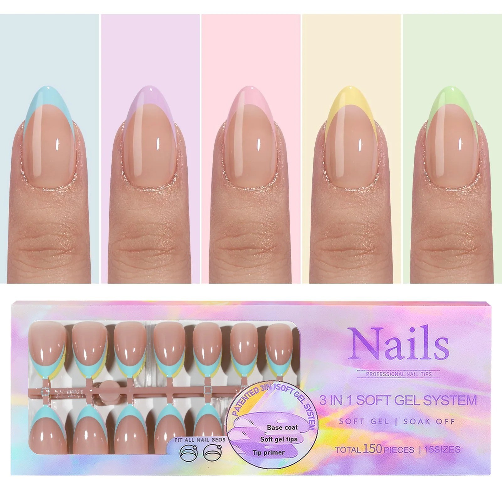 150pcs 6 Colors Fake Nail Multi-size False Nail Press On Acrylic Nails Almond Fr