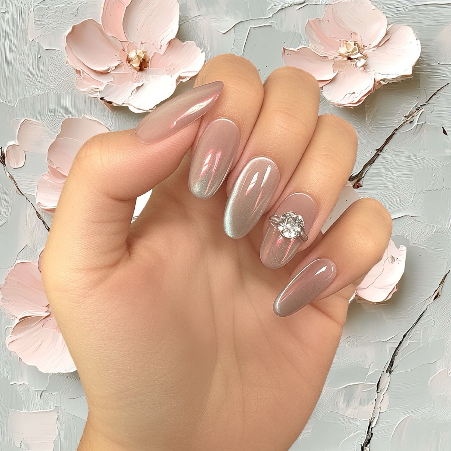 10pcs Handmade Light-Pink Gradient Cat-Eye Press-On Nails Medium Oval, XSSML