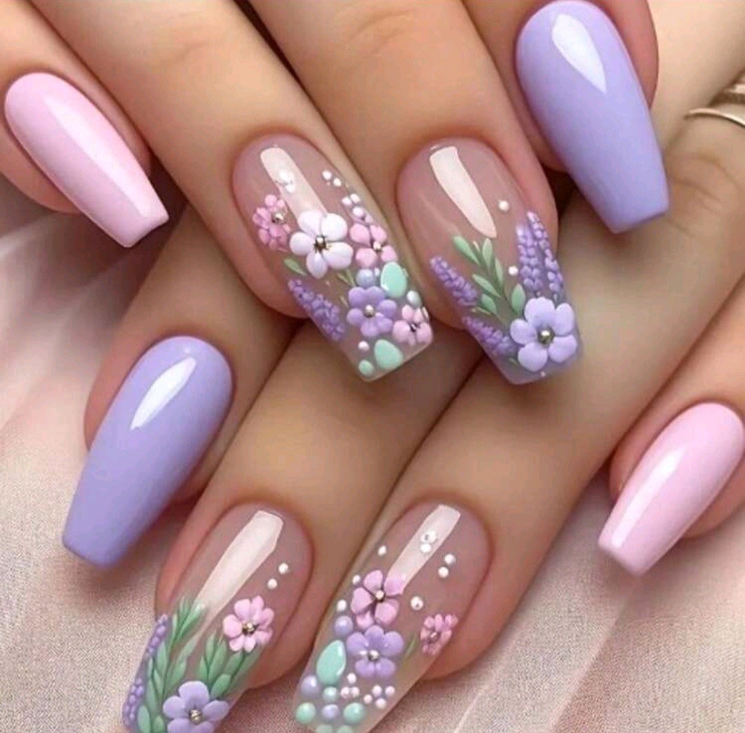 Press-On Nails Summer of Love Lavender Pink Clear Floral Coffin Long Shiny
