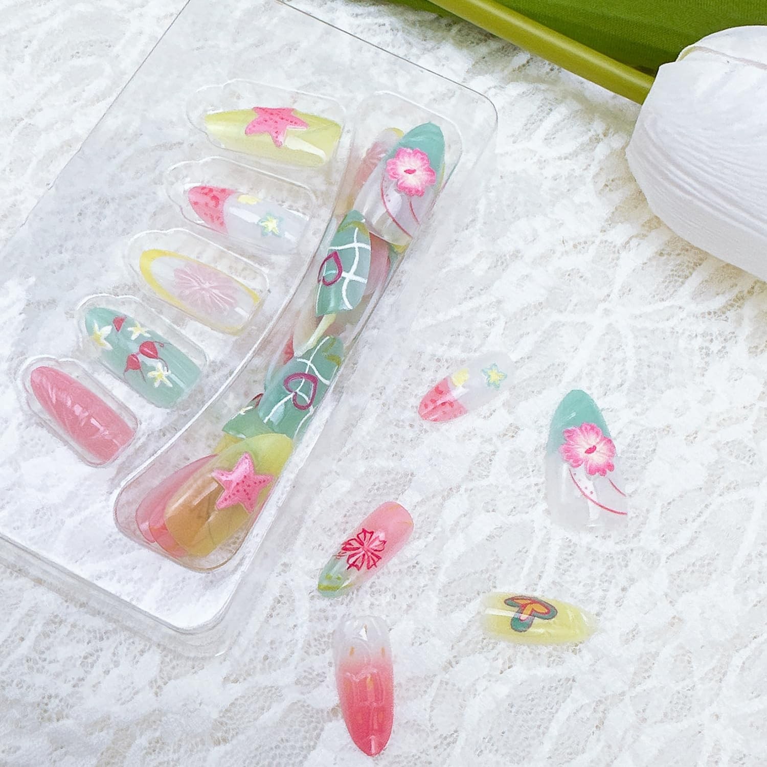 30Pcs Summer Ocean Press on Nails Almond Medium Multicolor Full Cover Glossy …