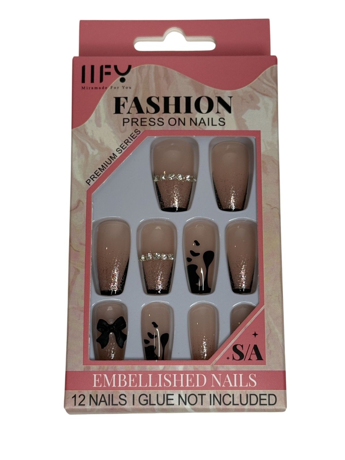 Press On Nails Nude Glitter French Tip Embellished Rhinestone Coffin 12pc