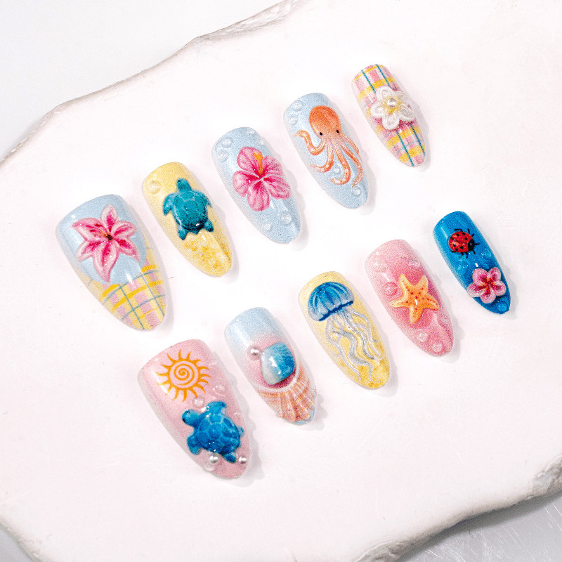 60Pcs Ocean Animal Press on Nails, Medium Almond 3D Turtle Jellyfish Fake Nails