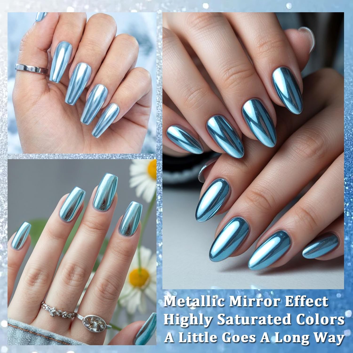 4 Colors Chrome Nail Set, Blue Silver Metallic Mirror Effect Nail Chrome Holo…