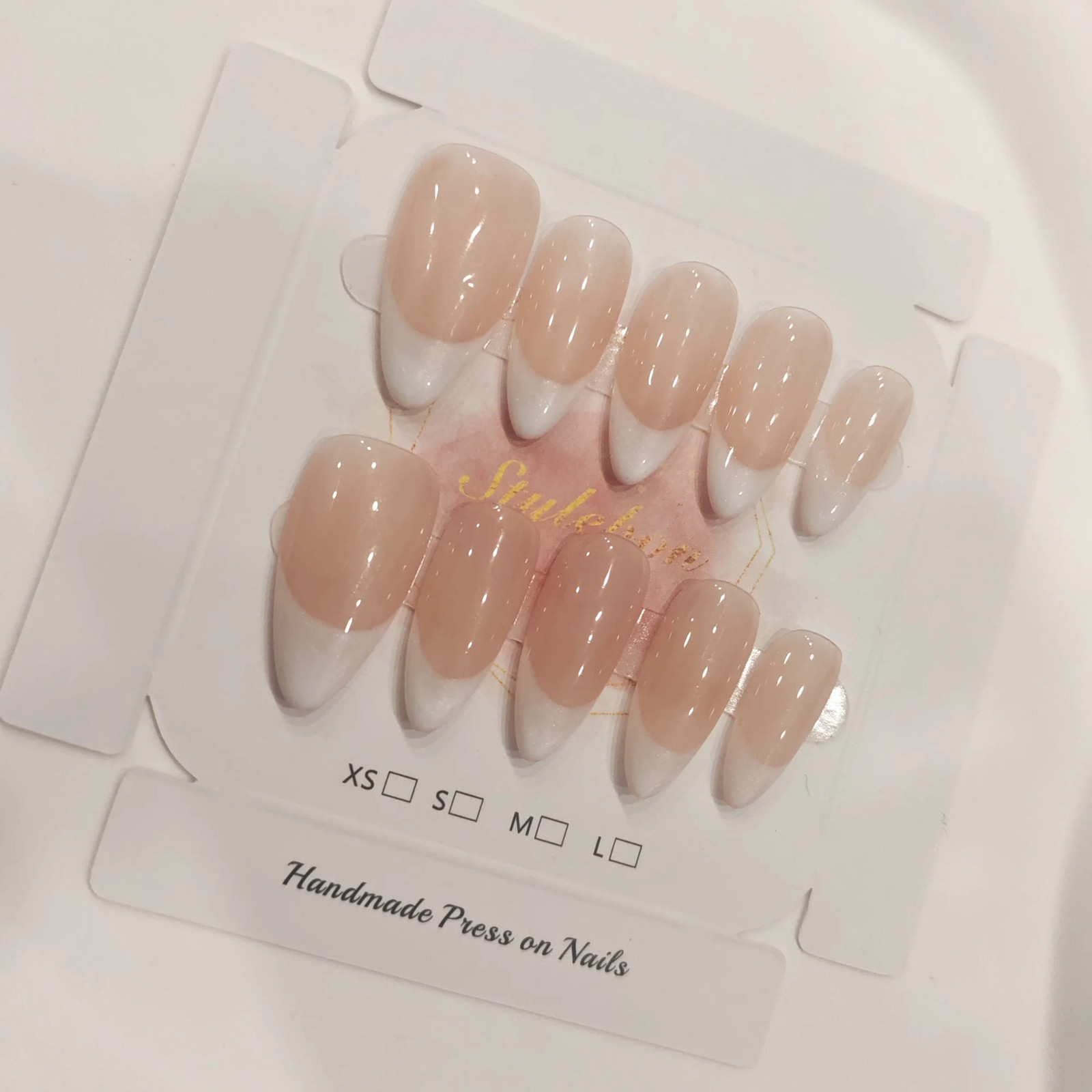 10pcs Handmade Press On Nails Classic French Almond Cat Eye Nude Full Coverage