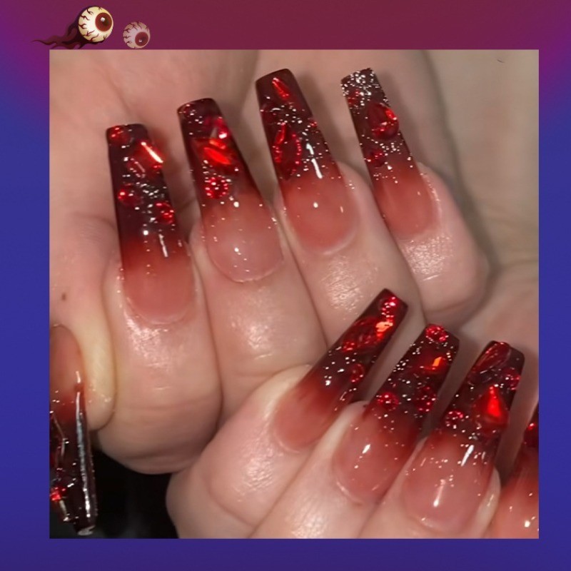 24pcs-Press on Nails Red Ombre Glitter Crystal Rhinestone Long Coffin Nail Set