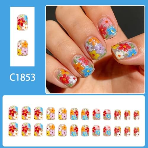 Summer Flowers Press on Nails – Short Square False Nails with Colorful Flowers