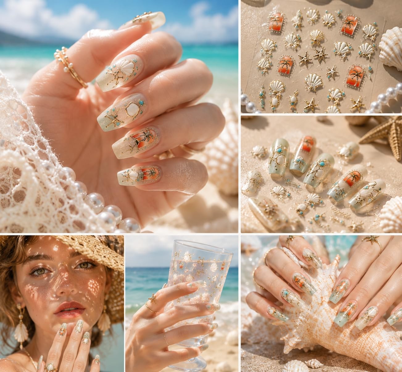 5D Embossed Beach Nail Stickers with Metallic Gold Shell Coconut Tree Nail De…