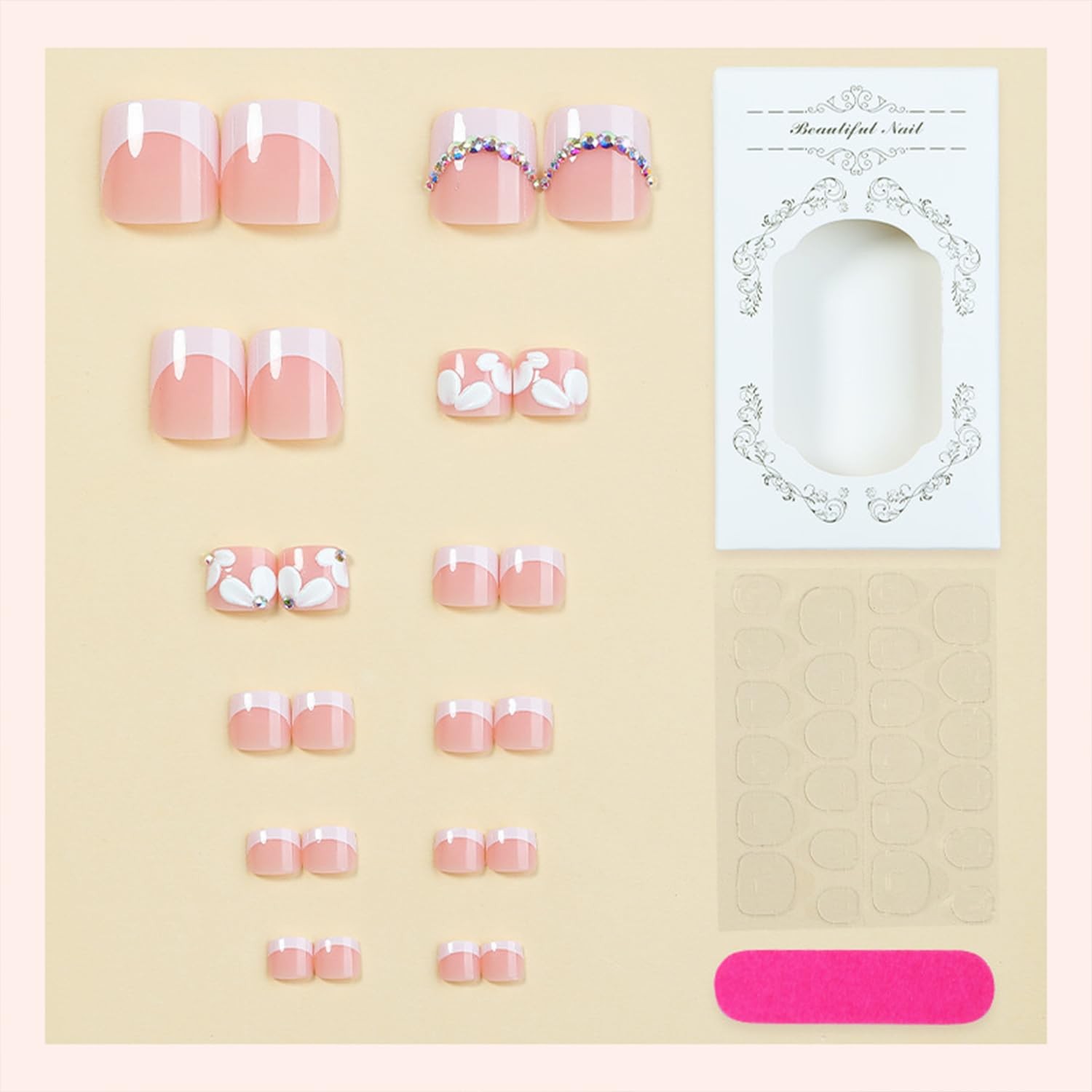 Bloazife French Tip Toe Nails Short TOE-16 Floral