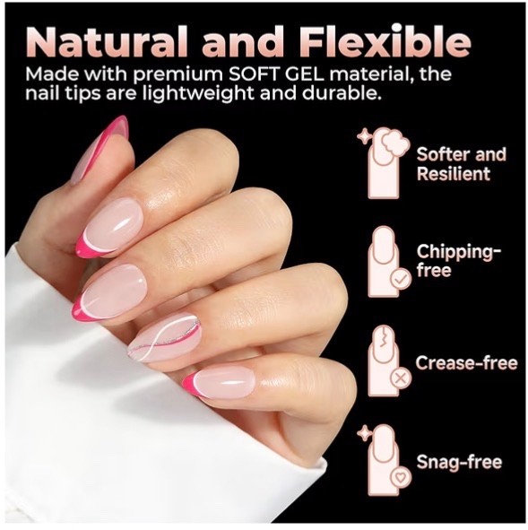 4 Pack UNA GELLA Extra Short Almond Nail Tips 2016PCS Full Cover Soft Gel Clear
