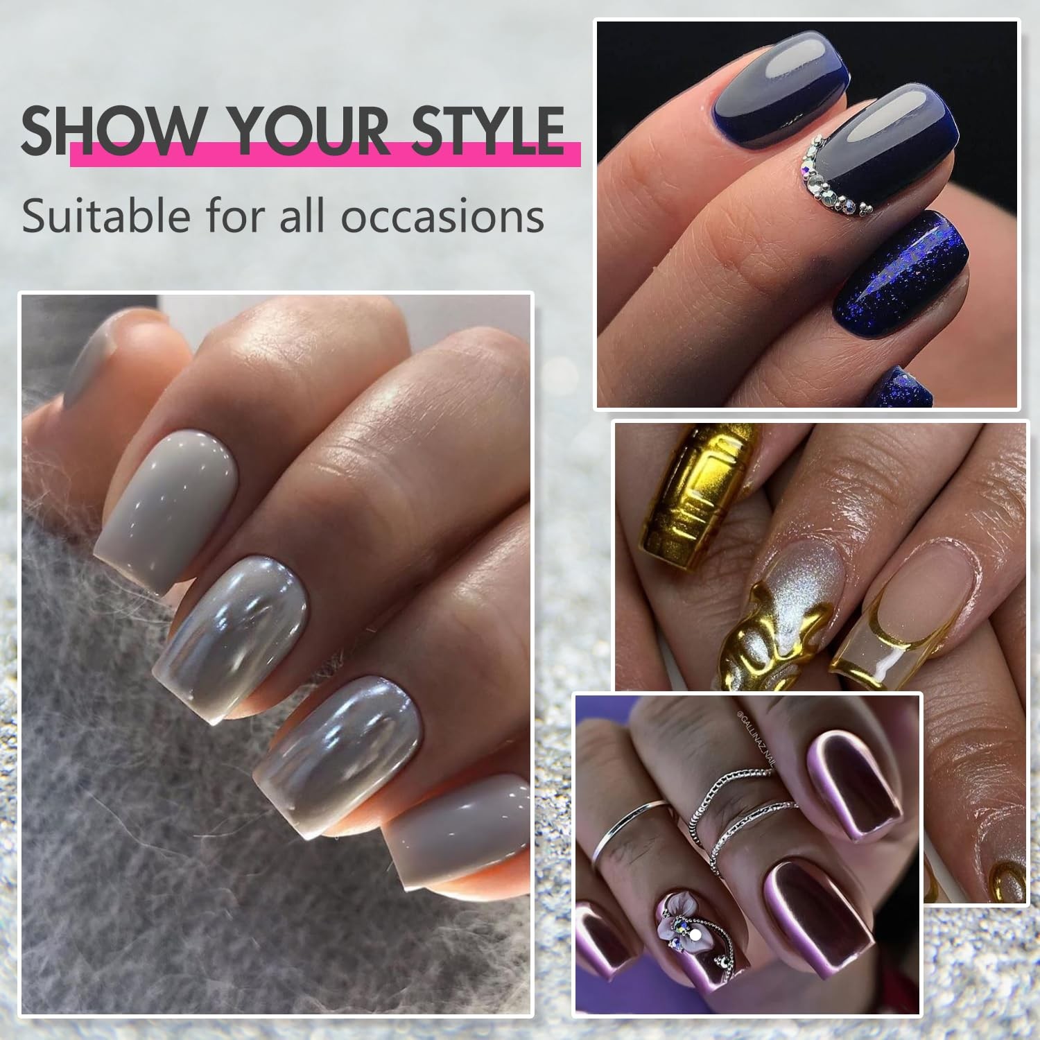 Mirror Metal Teal Blue Press on Nails Medium Short Square Chrome Glazed Short…
