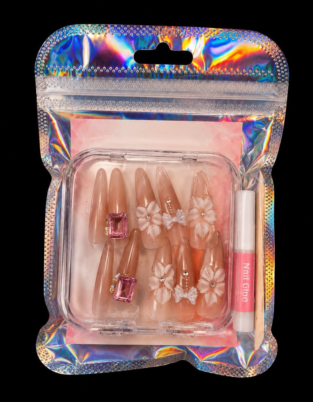 SugarNCharm-Long Stiletto Press-On Nails 3D Shiny Flower Rhinestones, Glue
