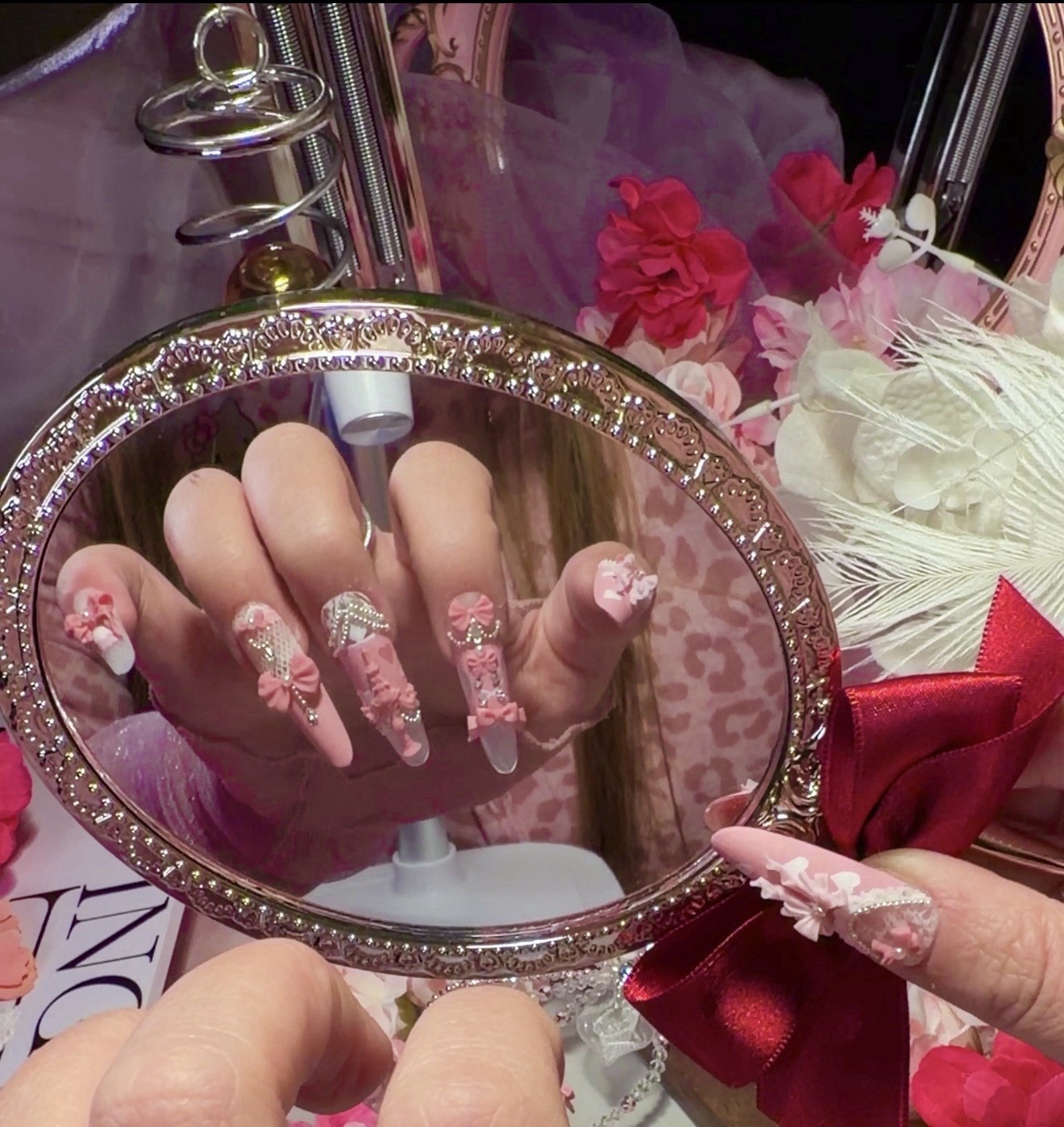 Pink Princess Bow Lace Flower Matte Finish Press On Nails Long Y05 With Pearl