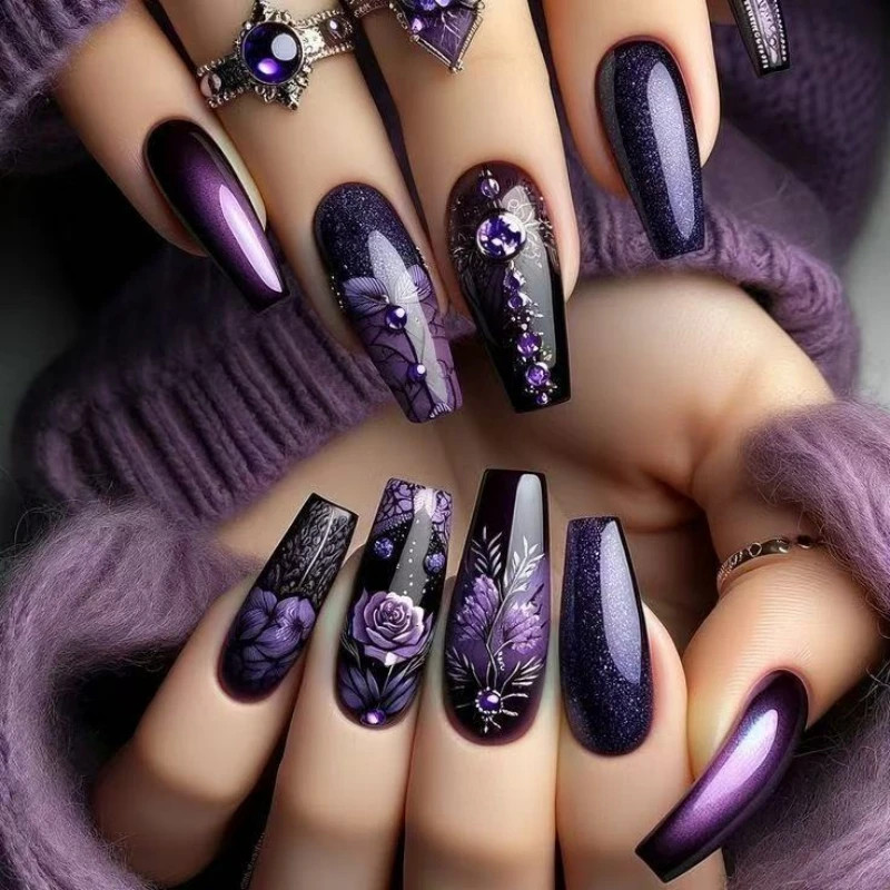 Purple Flower Printed Press On Nails 24Pcs Almond Coffin DIY Manicure Acrylic