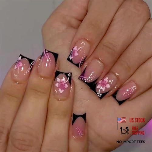 Short Square Press on Nails – Black French Tip Glue ons – Pink Aura 8302Black