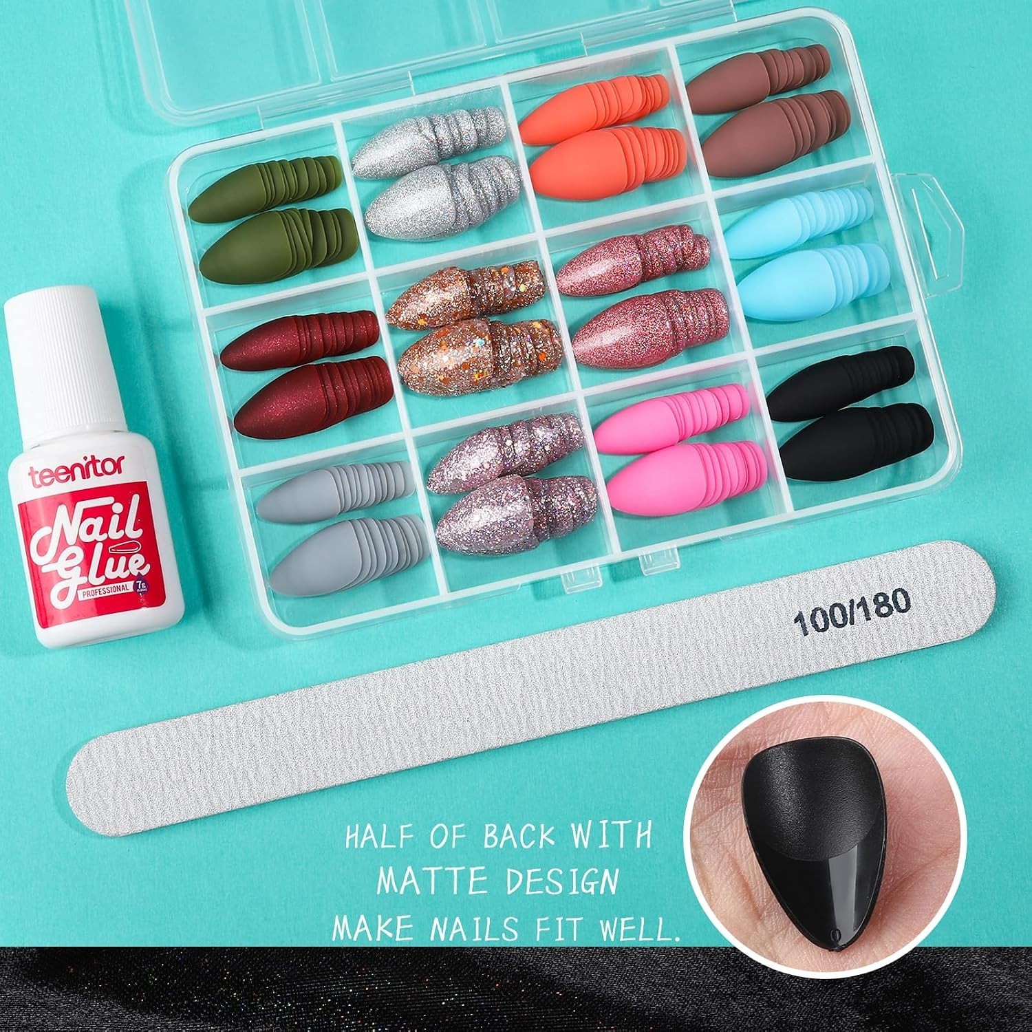 12 Sets of Short Almond Press On Nails with Glue & Nail File: 288PCS Variety