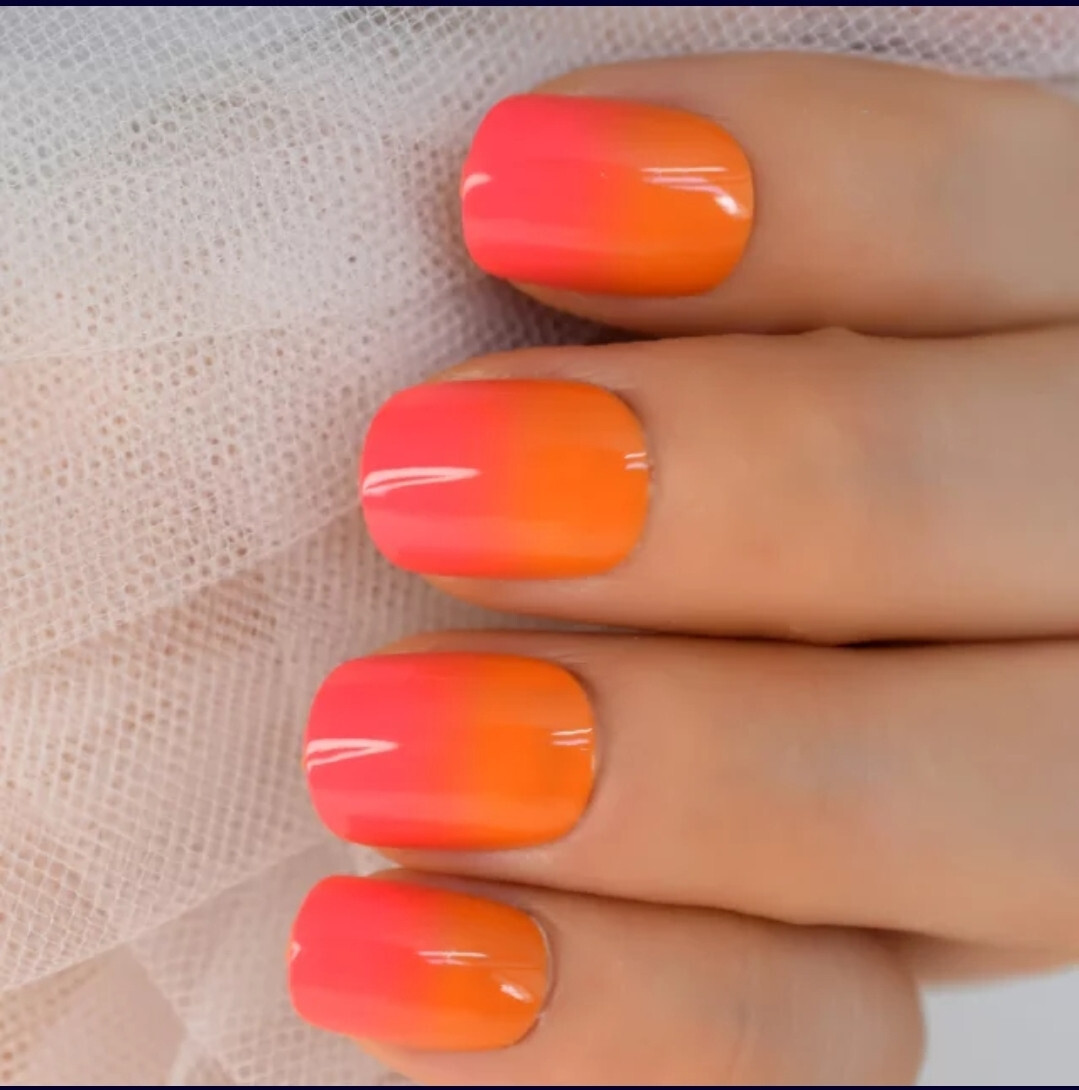 24 Short press on nails kit w glue orange sunset ombre neon bright