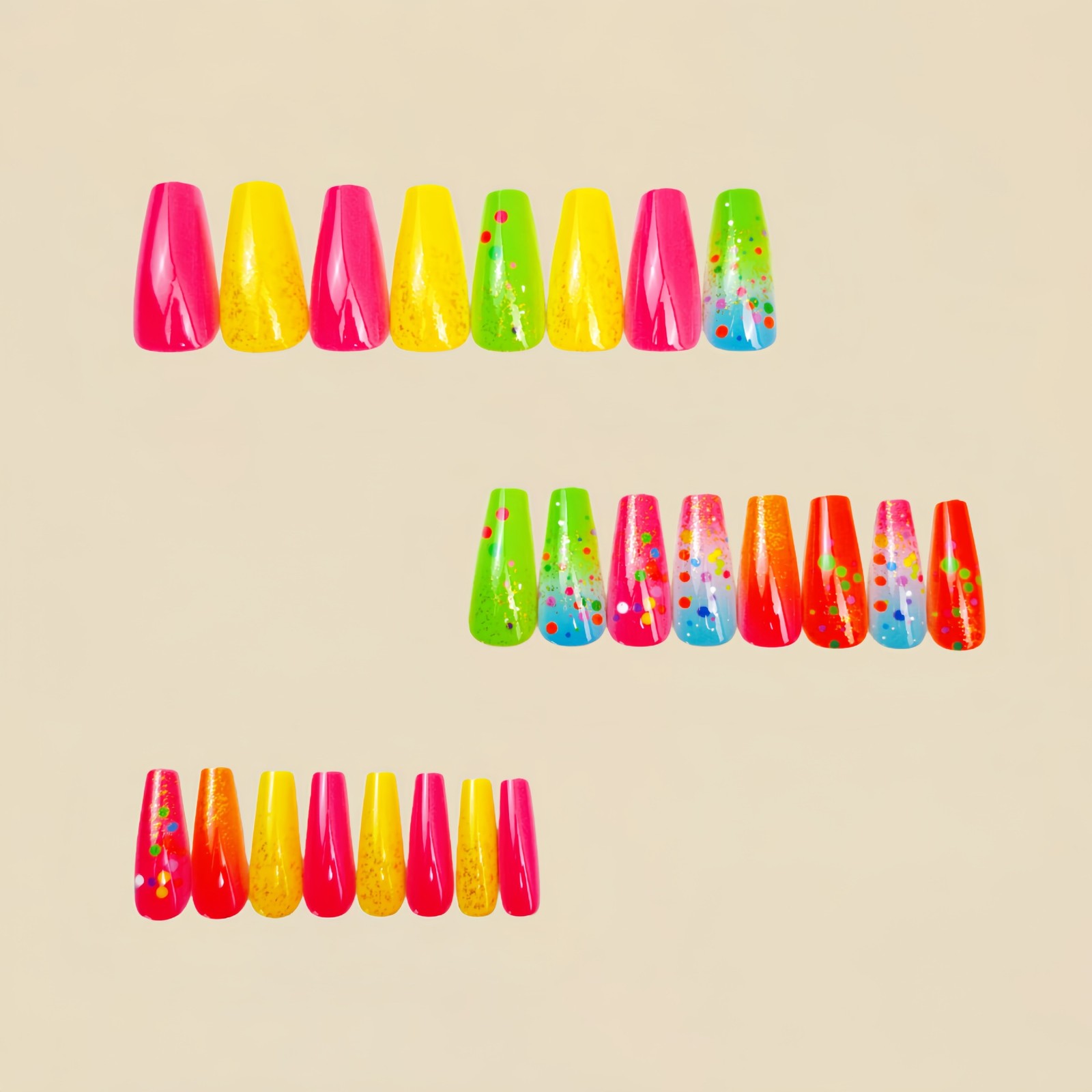 48Pcs Neon Dots Press on Nails Gradient Glitter Glossy Trendy Elegant Fake Nails