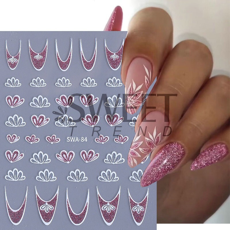 2Pcs White Pink Glitter Flower Floral Star French Nail Art Stickers Decals NH28