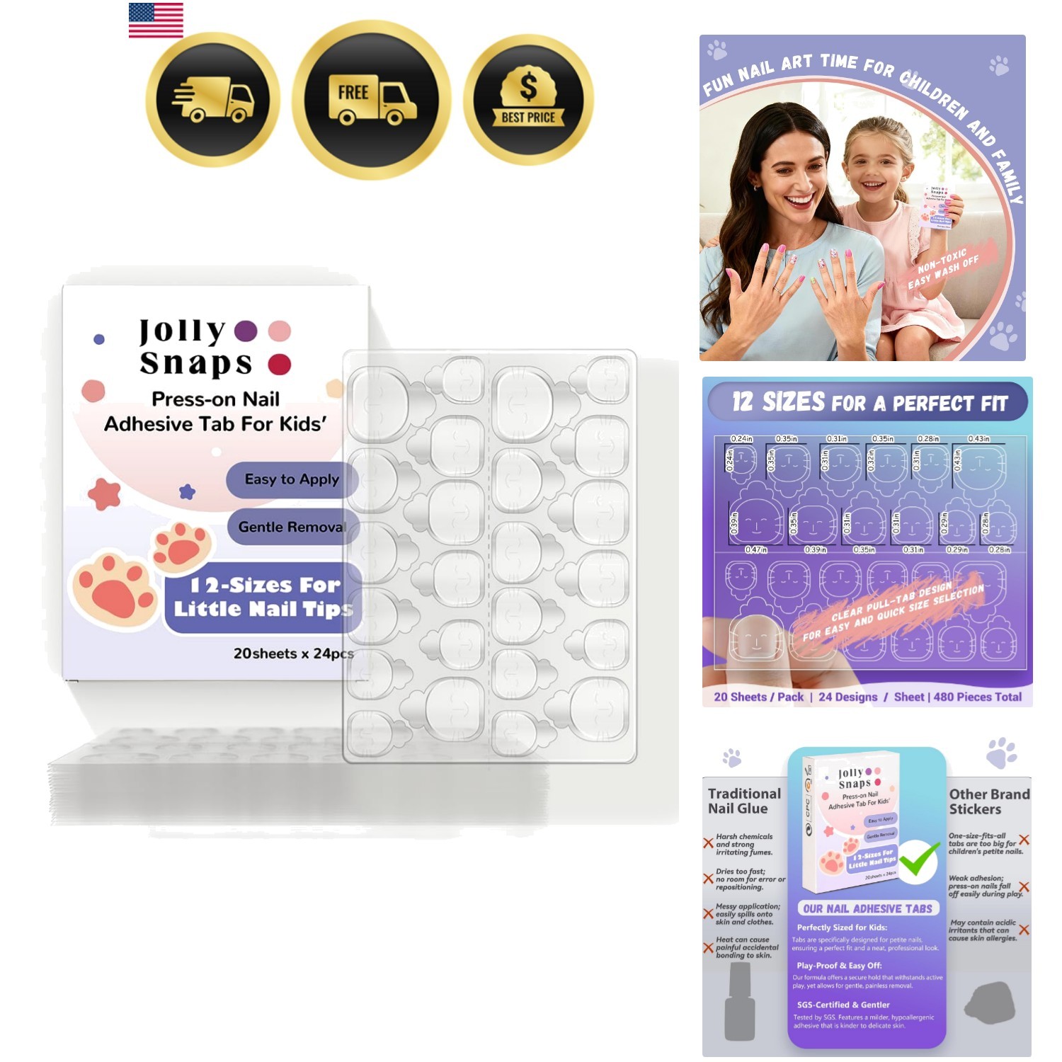 XS Non-Toxic Nail Adhesive Tabs for Kids | 480 PCS Extra Strong Sticky Tabs f…