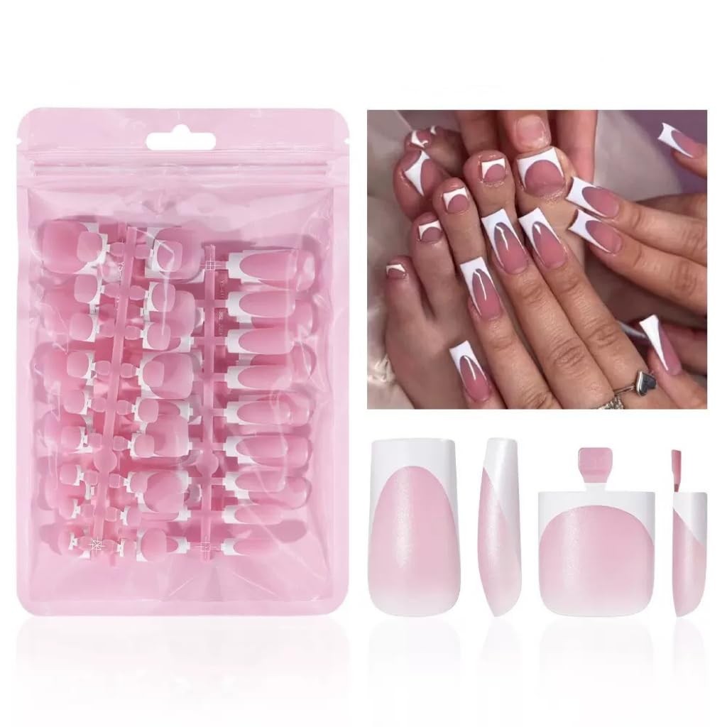 NHIXK 60Pcs White French Tip Press on Nails & Standard, Color01