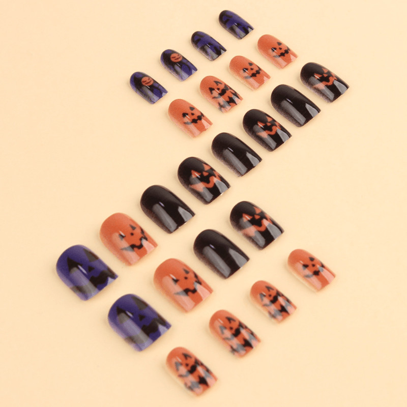 48Pcs-Medium Square Black Orange Purple Halloween Pumpkin Bat Web Press on Nails