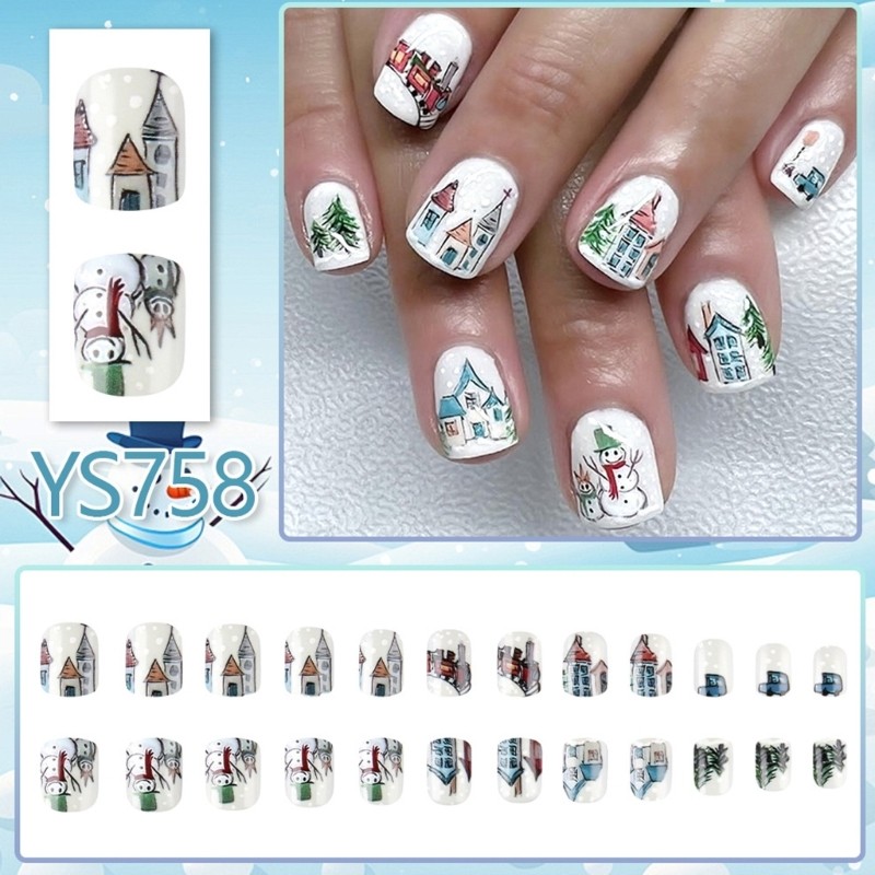 24Pieces Holiday False Nail ABS Plastic Snowman Snowflake Design Glitterings Red
