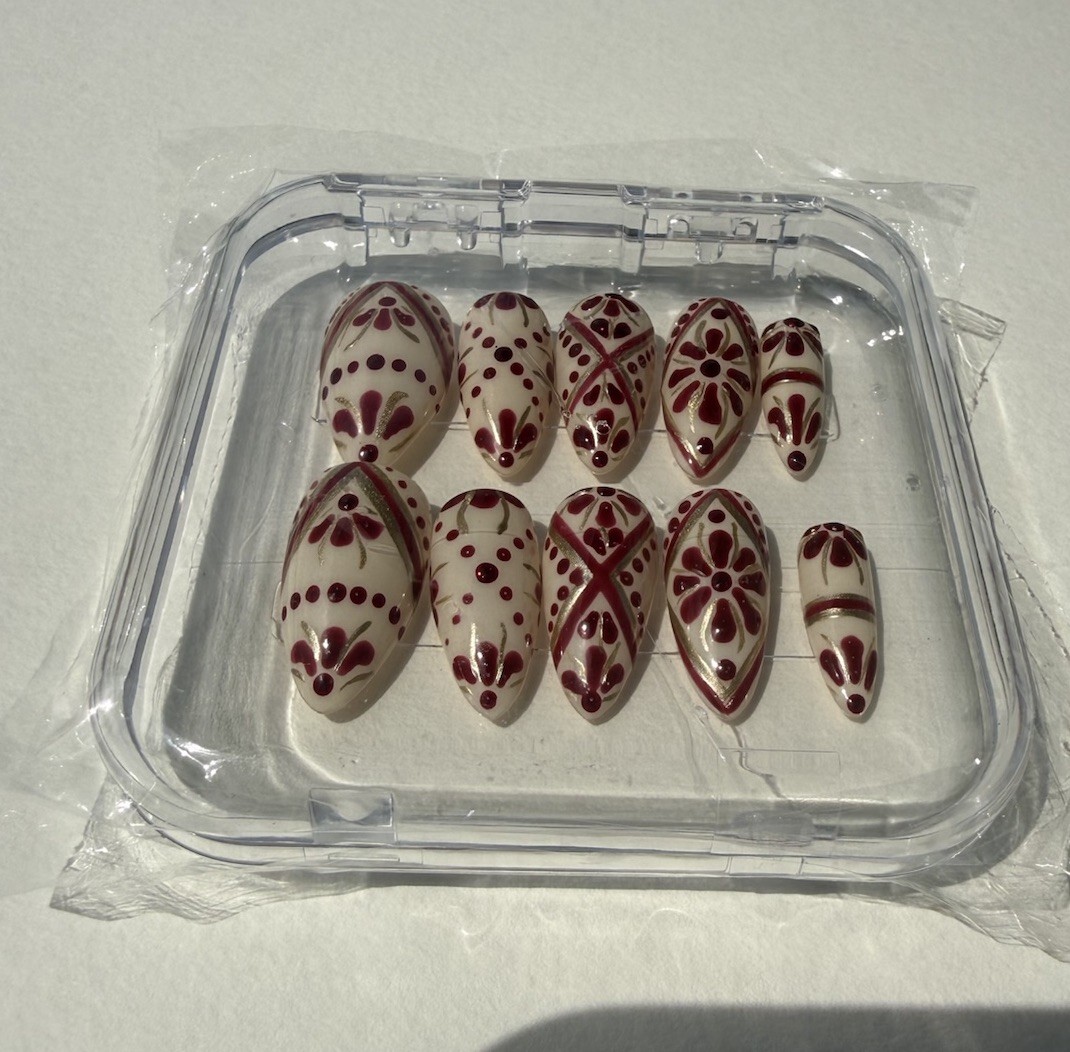 Press On Nails Handmade Apres Base Short Almond Beige Red Gold Design Size M Gel