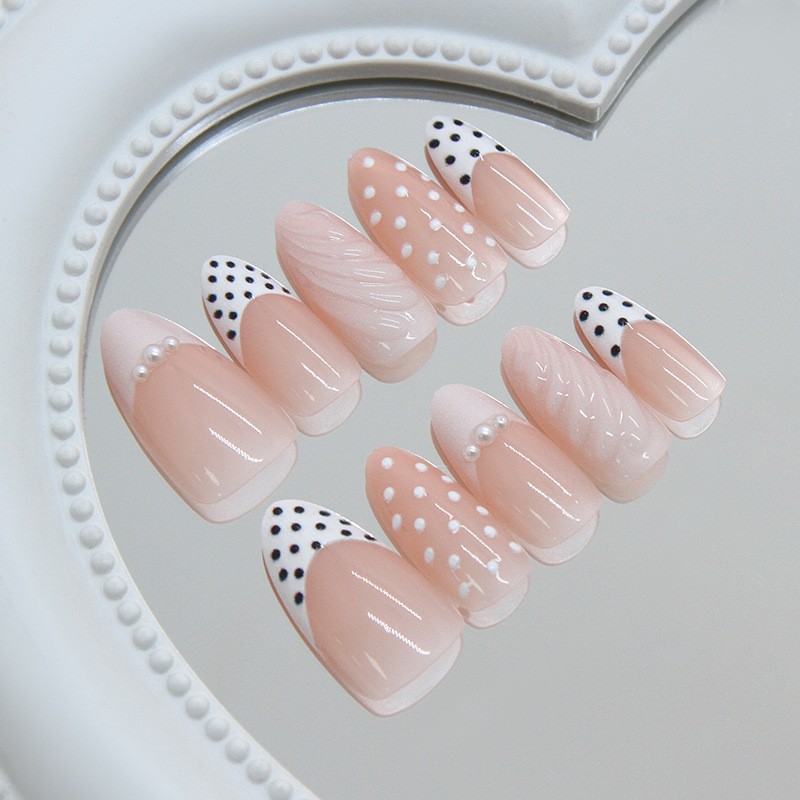 60 Pcs Polka Dot Shell Almond Press on Nails, Elegant Trendy Daily Fake Nails