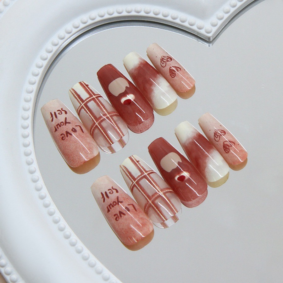 48pcs-Chocolate Brown Press on Nails with Bow Prints and Inspirational Quotes