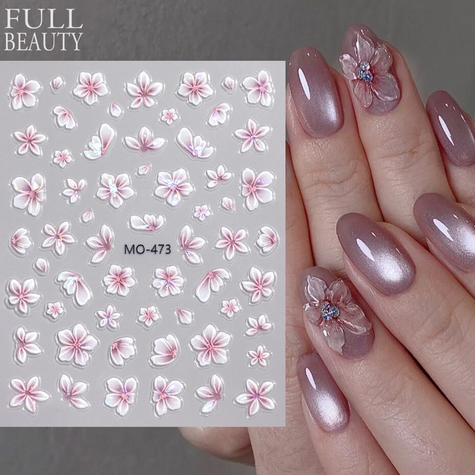 5D Red Pink Flower Camellia Nail Stickers Geometric Floral Butterfly Daisy Decal